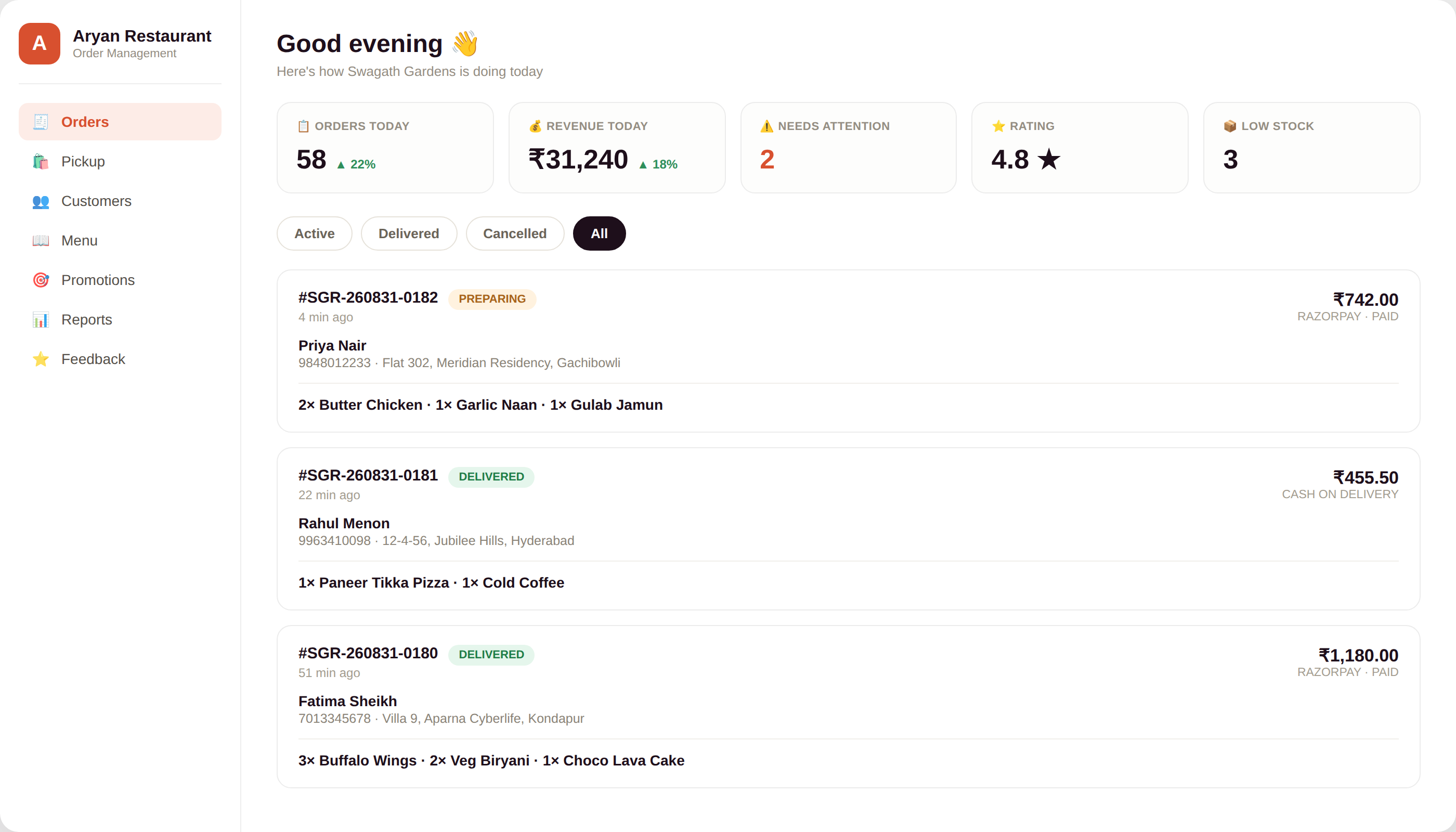 The matching manager dashboard showing live orders, revenue, ratings, and low-stock alerts