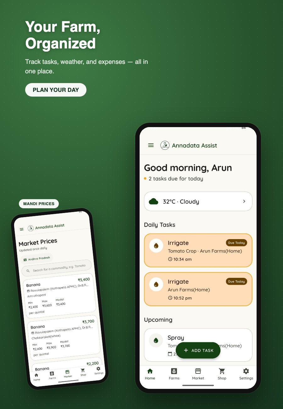 Annadata Assist home screen and mandi prices preview