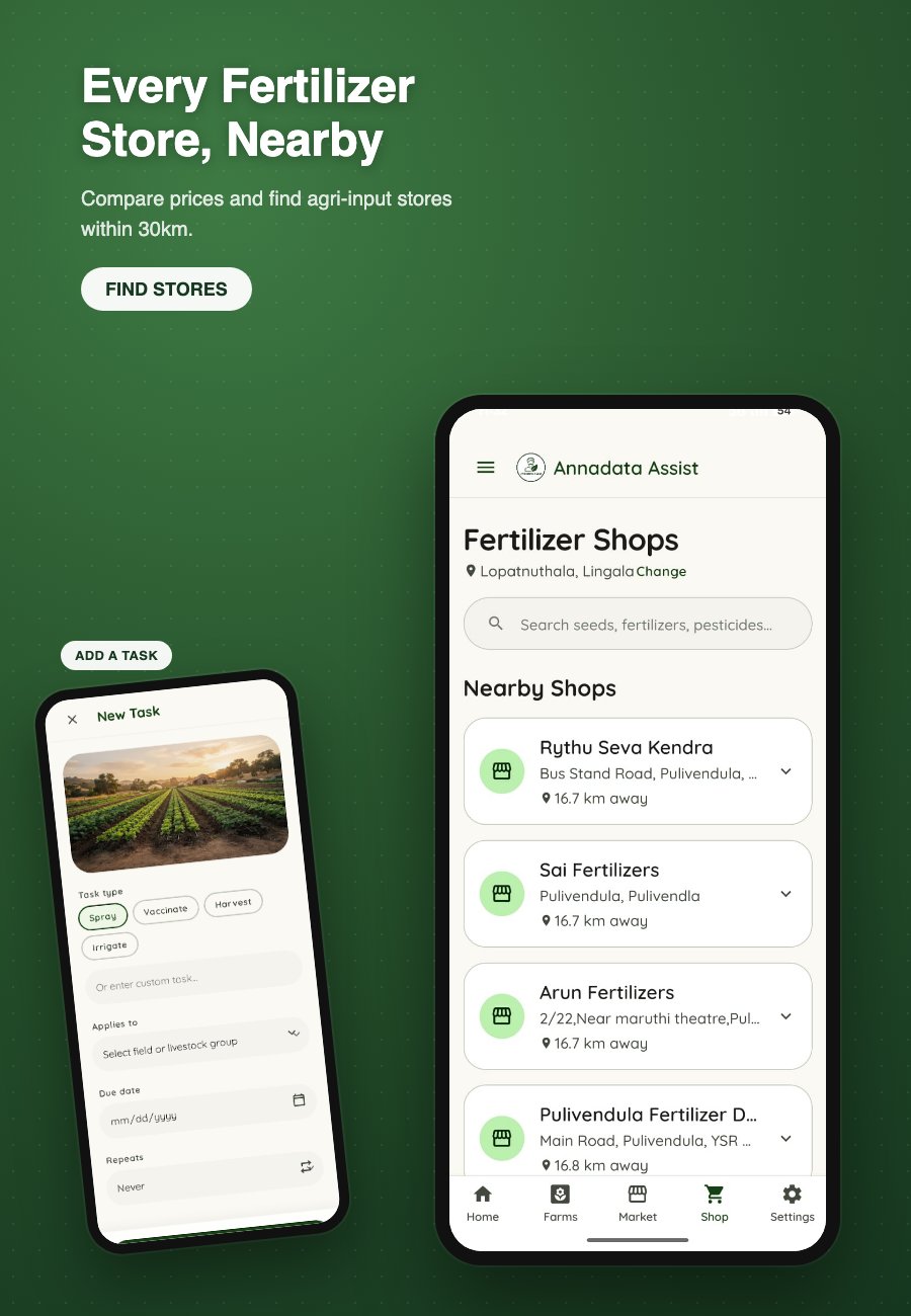 Annadata Assist nearby fertilizer stores and add task preview