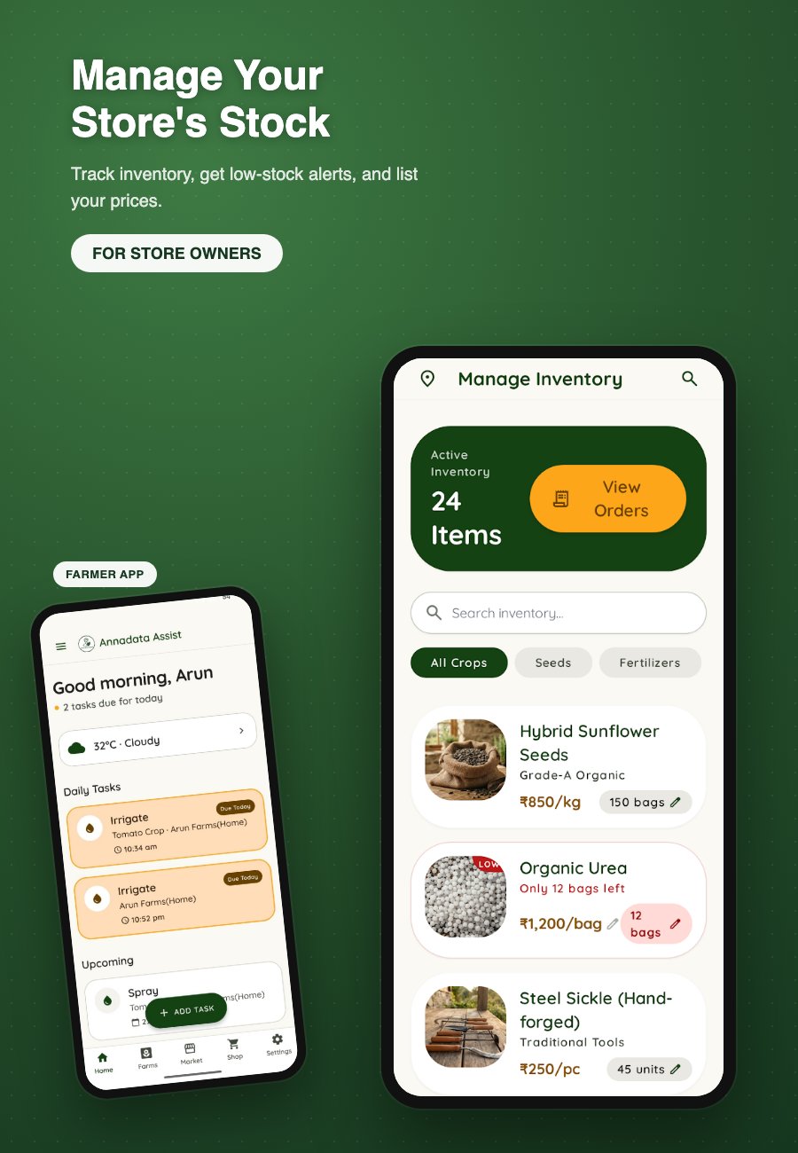 Annadata Assist fertilizer dealer inventory and farmer app preview