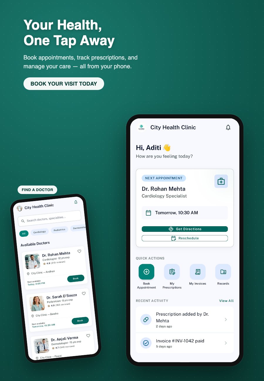 Aryan Clinics patient app and doctor search preview