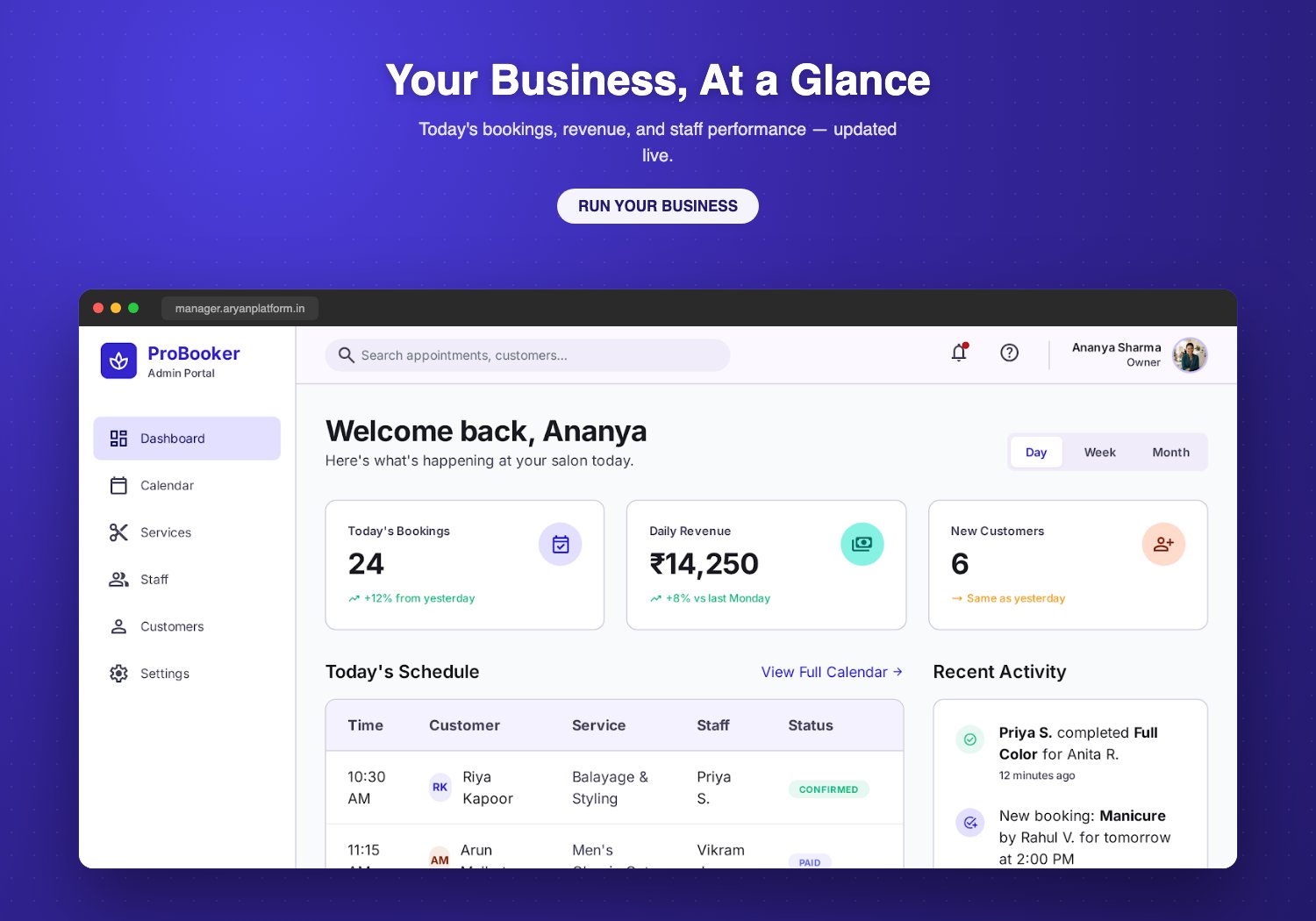 Aryan Booking owner dashboard with today's bookings and revenue