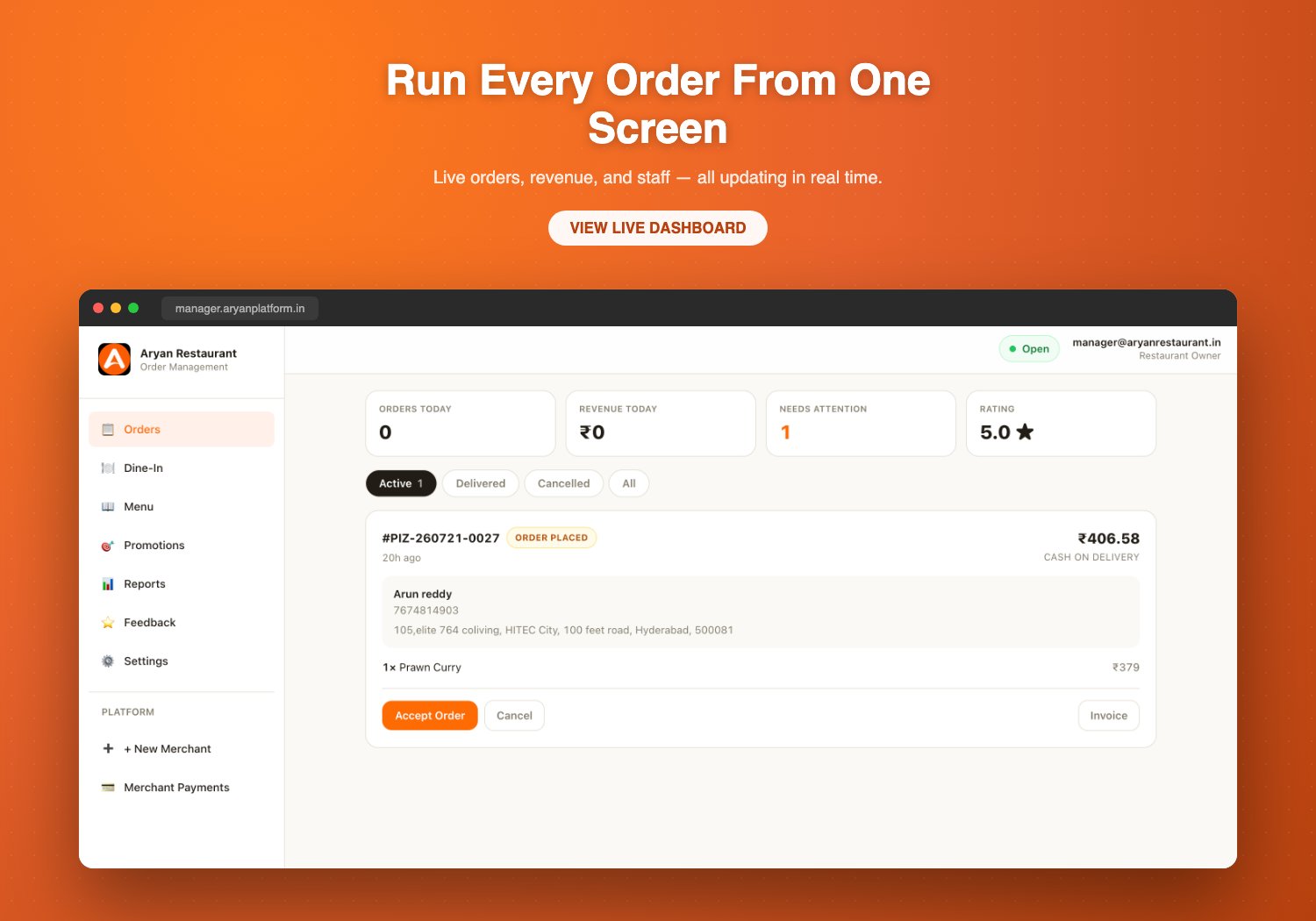 Aryan Ordering manager dashboard with live orders