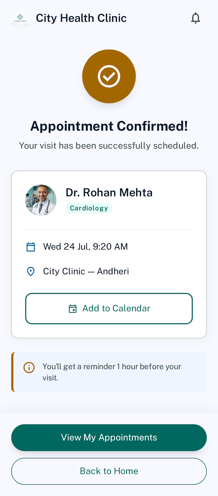 Aryan Clinics booking screen preview