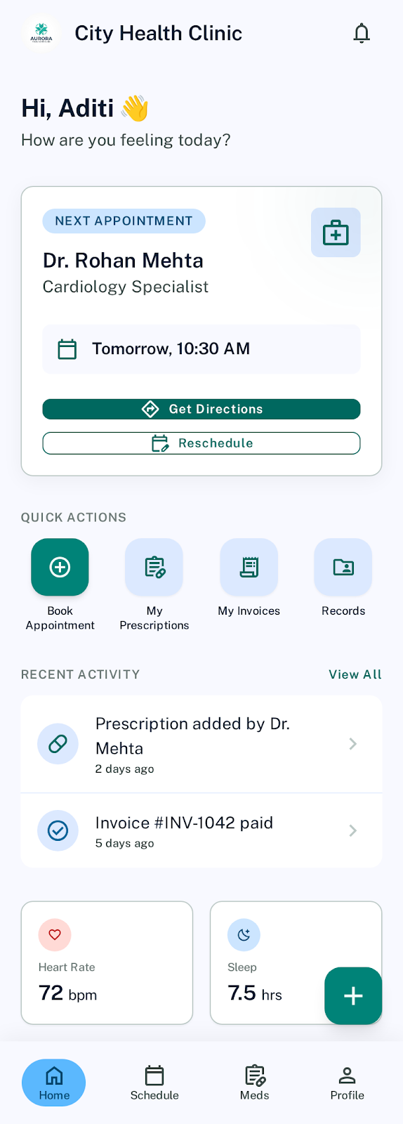 Aryan Clinics front-desk dashboard
