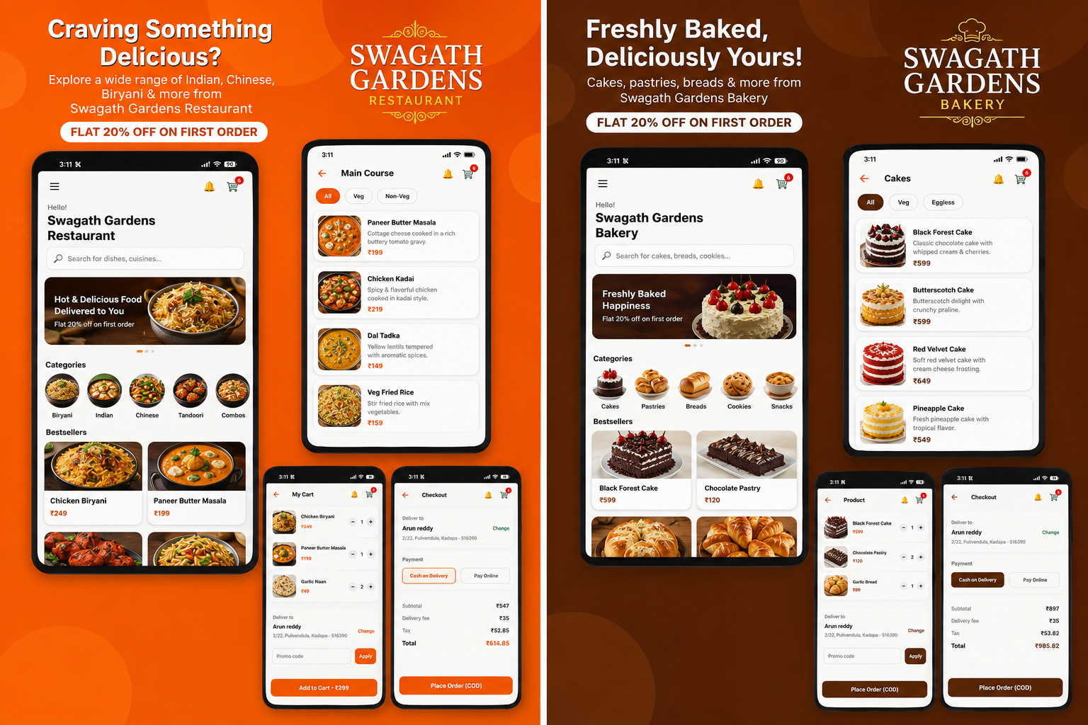 Restaurant and bakery app preview, one owner running two storefronts